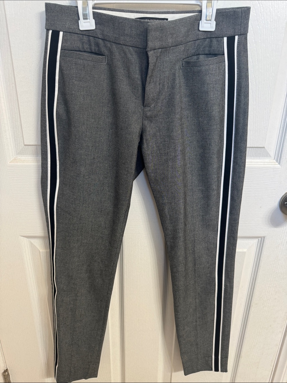 Banana Republic Gray Ankle Trousers with Black & White Side Stripes